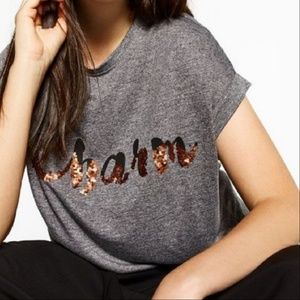 NWOT Zara Charm Graphic Tee Bronze Sequins Rolled Sleeve High-Low Hem Gray Small